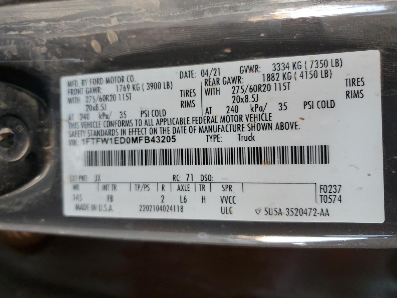 2021 Ford F150 Supercrew VIN: 1FTFW1ED0MFB43205 Lot: 59704015