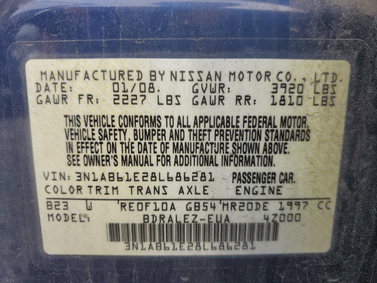 2008 Nissan Sentra 2.0 VIN: 3N1AB61E28L686281 Lot: 61722665