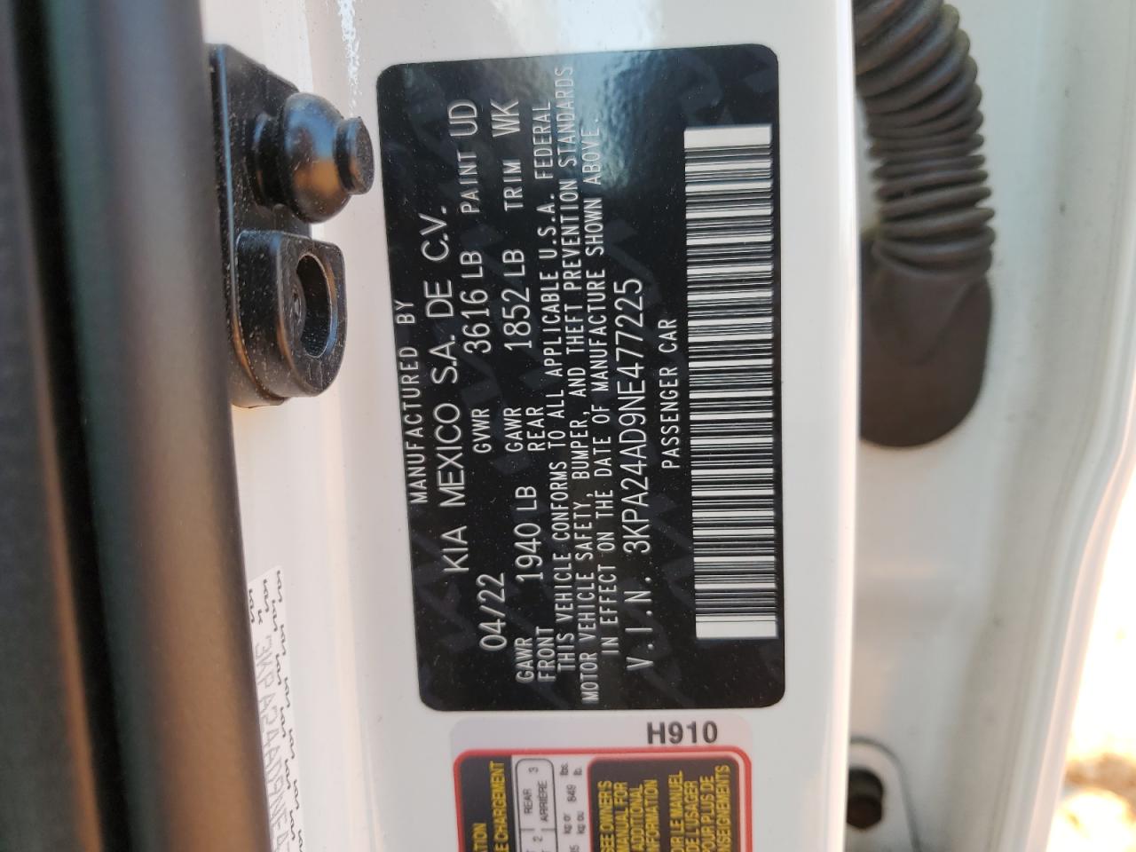 2022 Kia Rio Lx VIN: 3KPA24AD9NE477225 Lot: 61782365