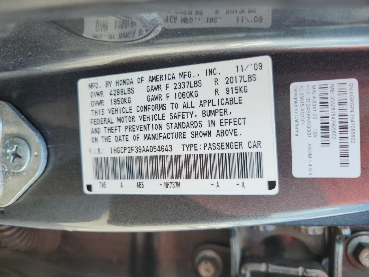 2010 Honda Accord Lx VIN: 1HGCP2F39AA054643 Lot: 62950665