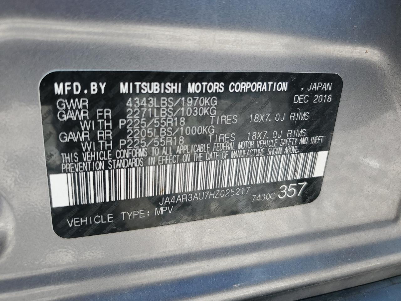 2017 Mitsubishi Outlander Sport Es VIN: JA4AR3AU7HZ025217 Lot: 58340875
