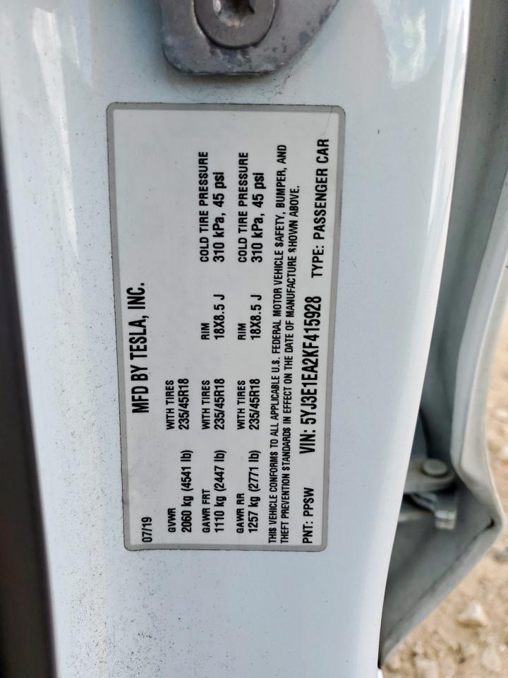 TESLA MODEL 3 2019 VIN 5YJ3E1EA2KF415928 zdjęcie 13