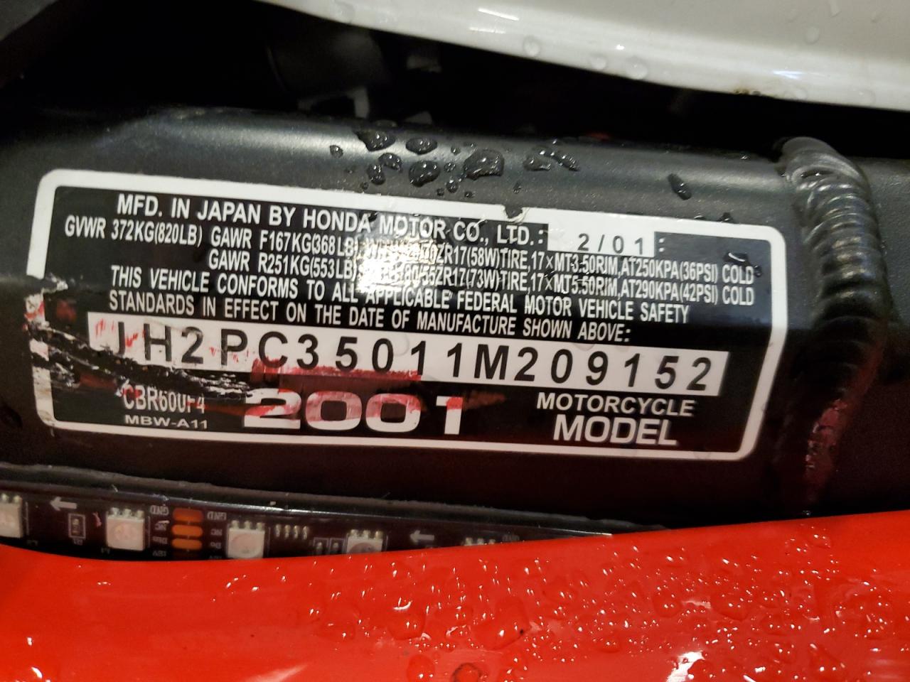 2001 Honda Cbr600 F4 VIN: JH2PC35011M209152 Lot: 62872885