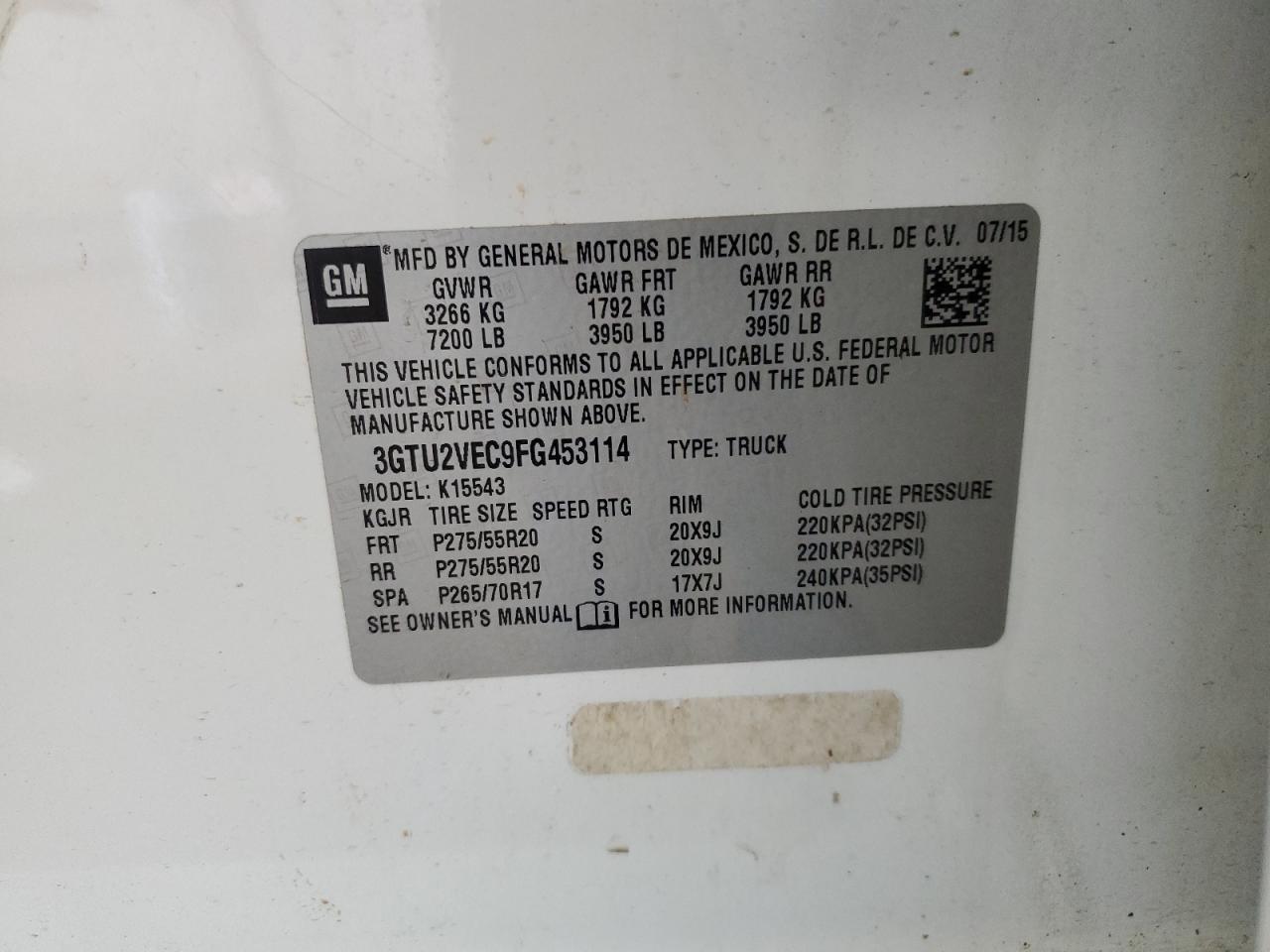 2015 GMC Sierra K1500 Slt VIN: 3GTU2VEC9FG453114 Lot: 61417405