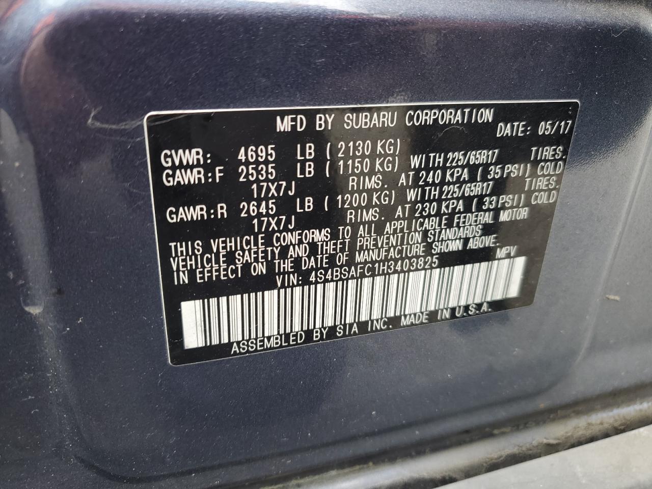 SUBARU OUTBACK 2017 VIN 4S4BSAFC1H3403825 zdjęcie 14