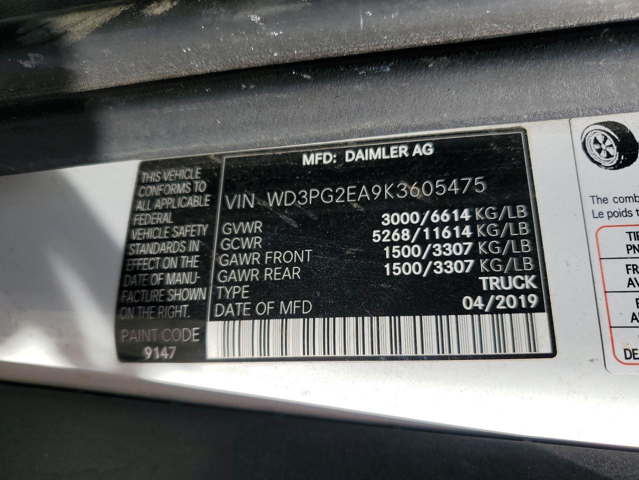 2019 Mercedes-Benz Metris VIN: WD3PG2EA9K3605475 Lot: 61710875