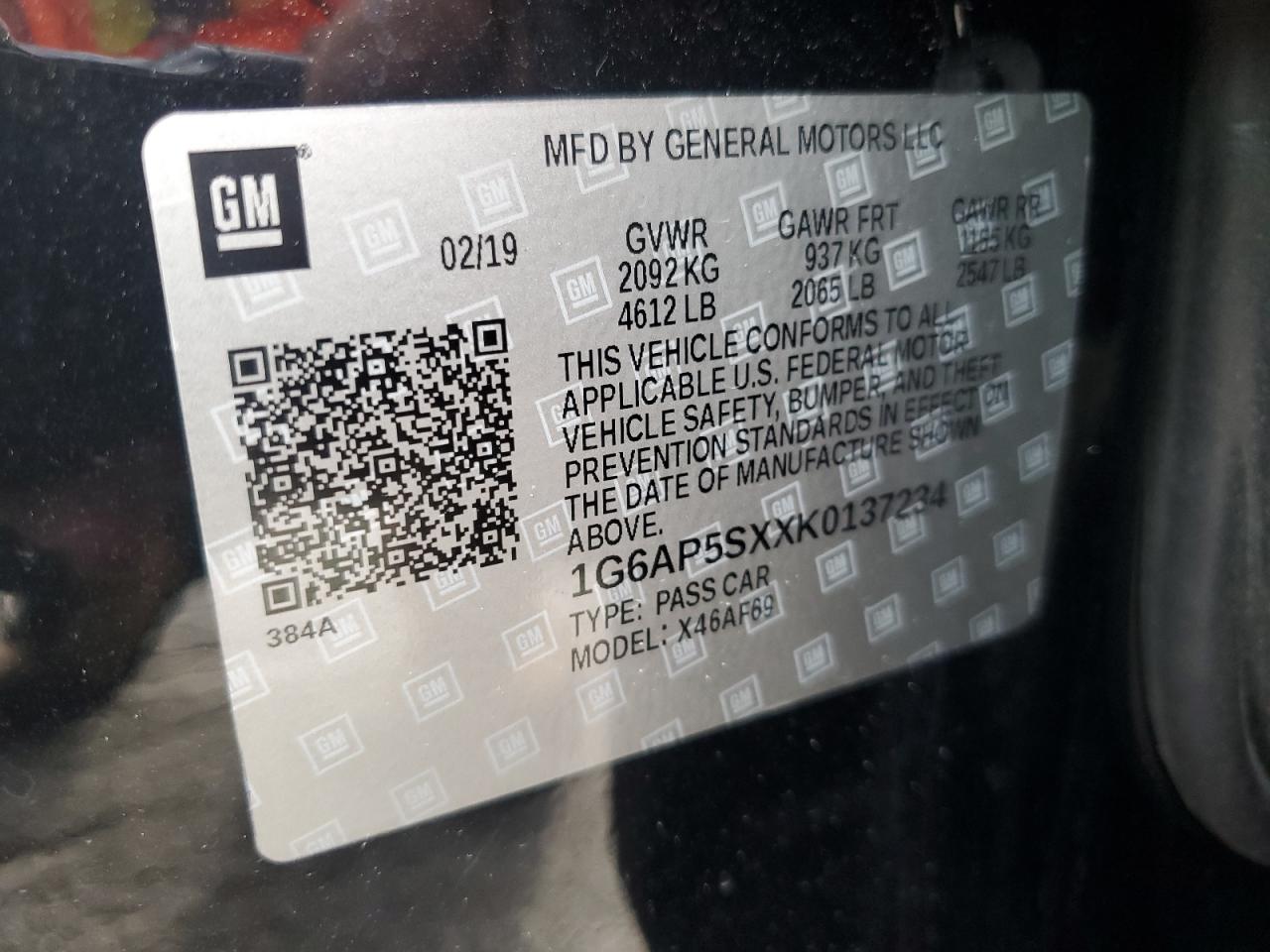 2019 Cadillac Cts VIN: 1G6AP5SXXK0137234 Lot: 60826785