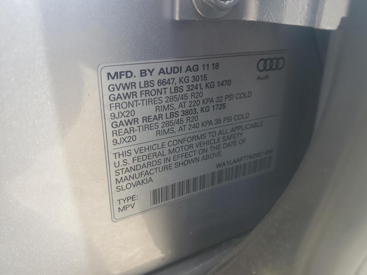 2019 Audi Q7 Premium Plus VIN: WA1LAAF77KD021485 Lot: 60205395
