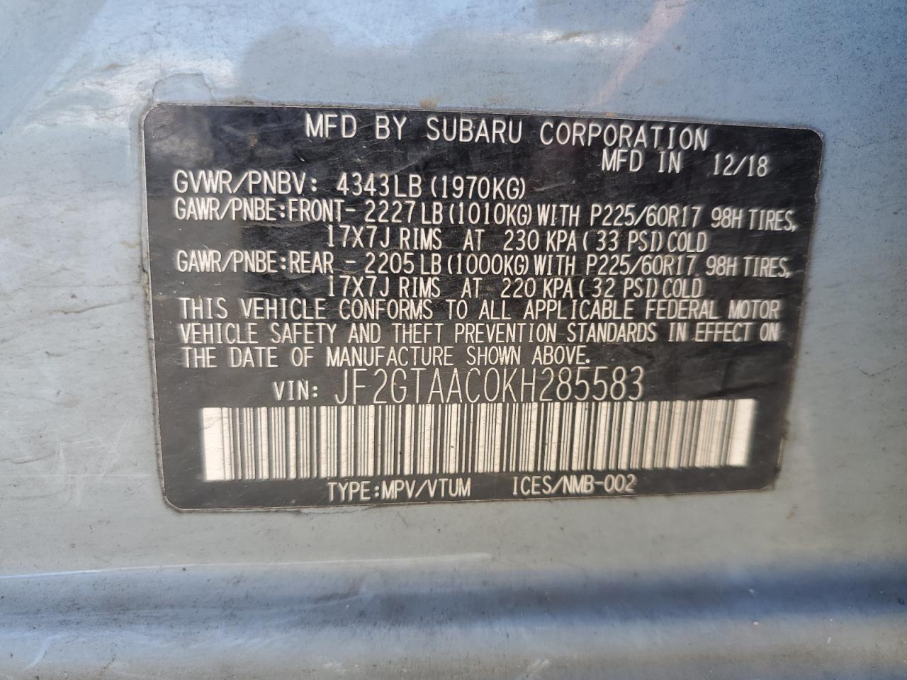 2019 Subaru Crosstrek VIN: JF2GTAAC0KH285583 Lot: 63129015