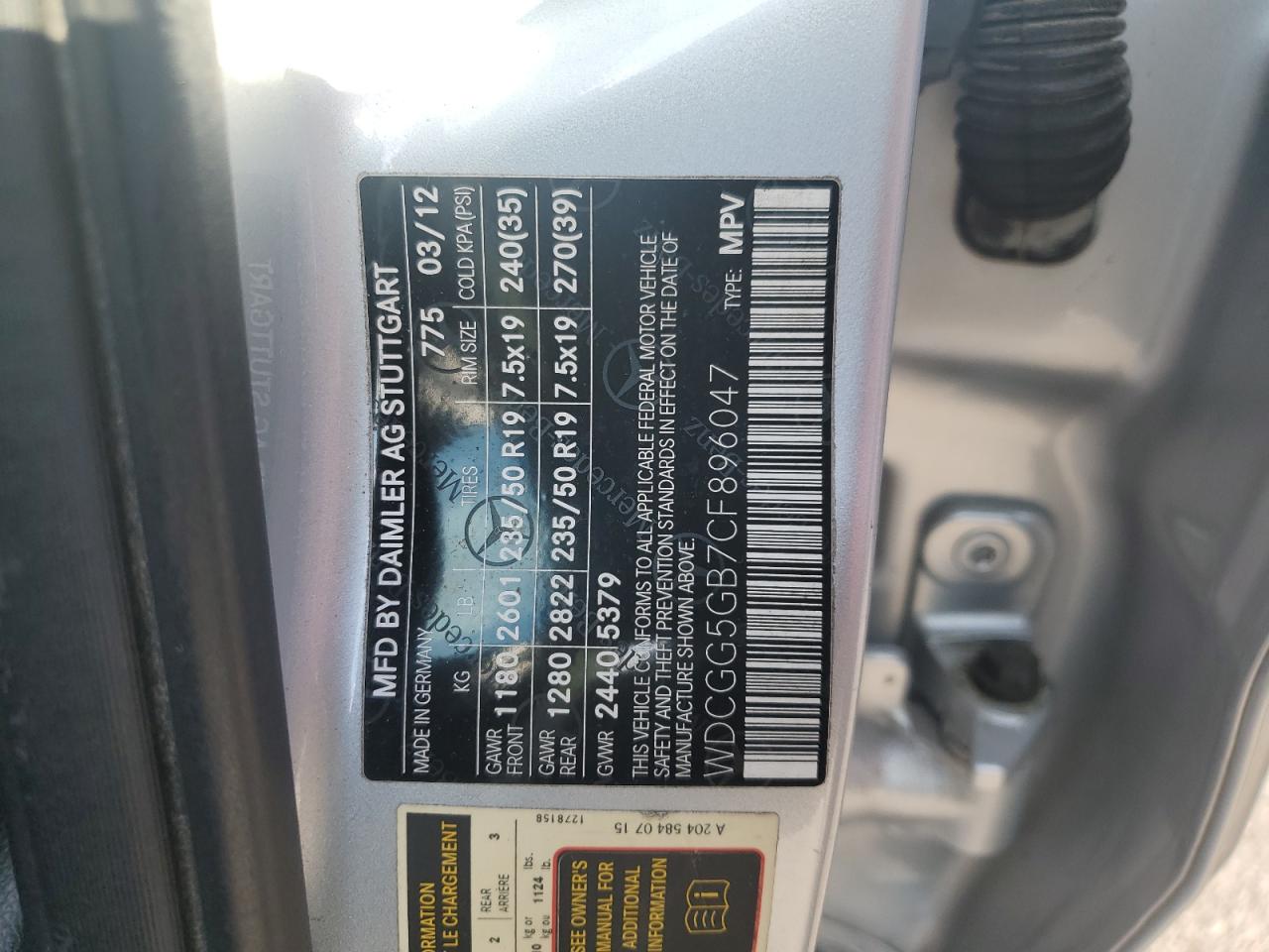 2012 Mercedes-Benz Glk 350 VIN: WDCGG5GB7CF896047 Lot: 61904405