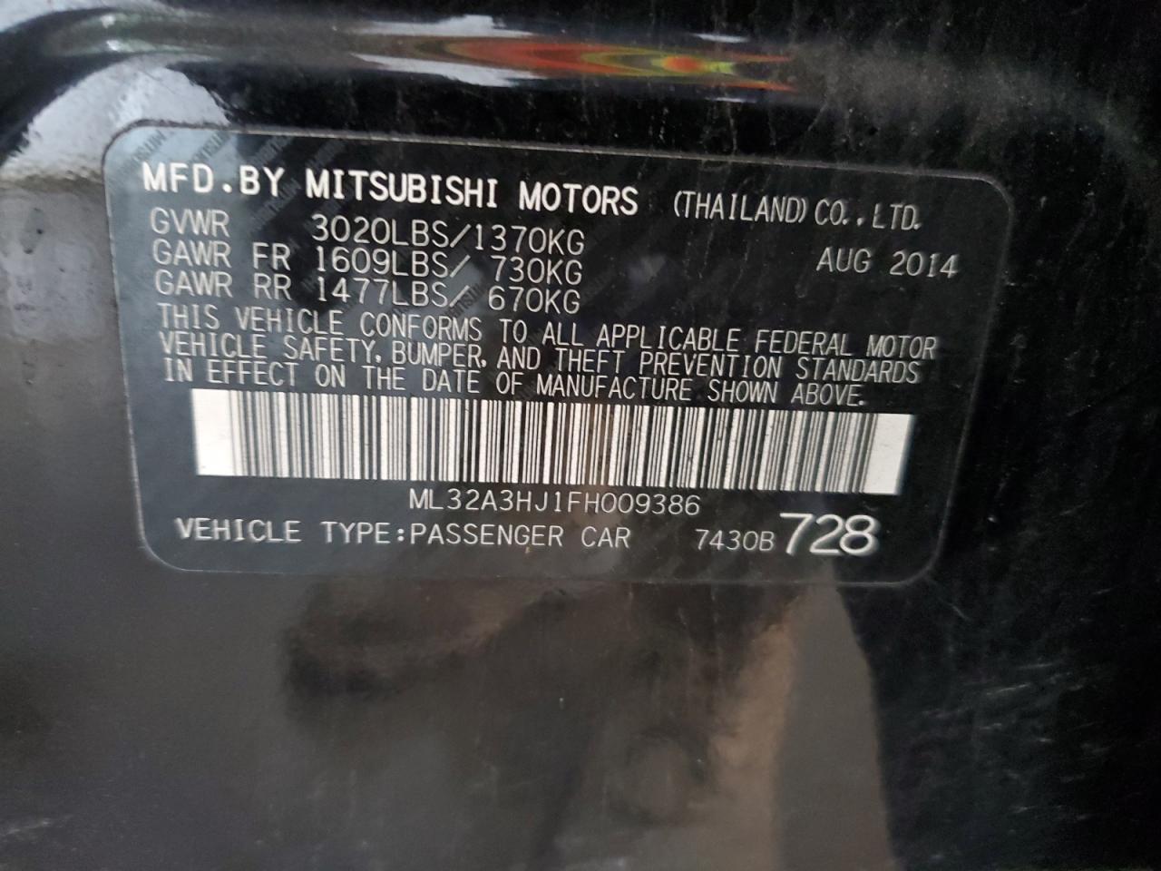 2015 Mitsubishi Mirage De VIN: ML32A3HJ1FH009386 Lot: 61463595