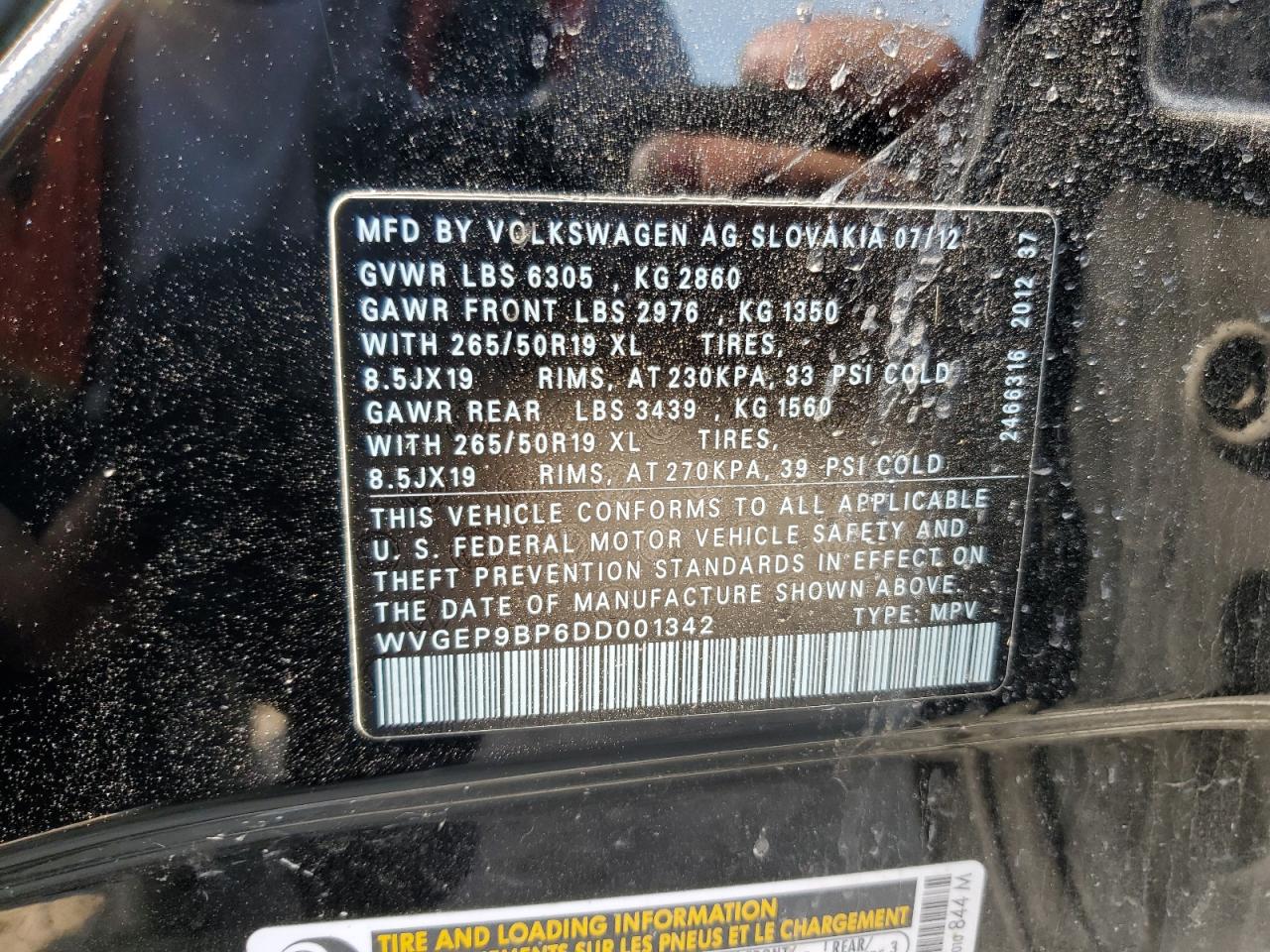 2013 Volkswagen Touareg V6 Tdi VIN: WVGEP9BP6DD001342 Lot: 60478305