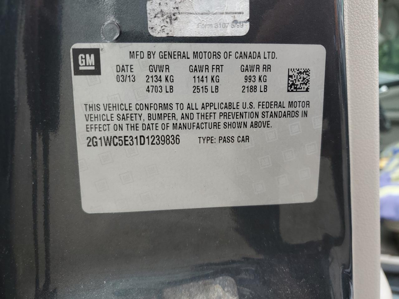 2013 Chevrolet Impala Ltz VIN: 2G1WC5E31D1239836 Lot: 62284285