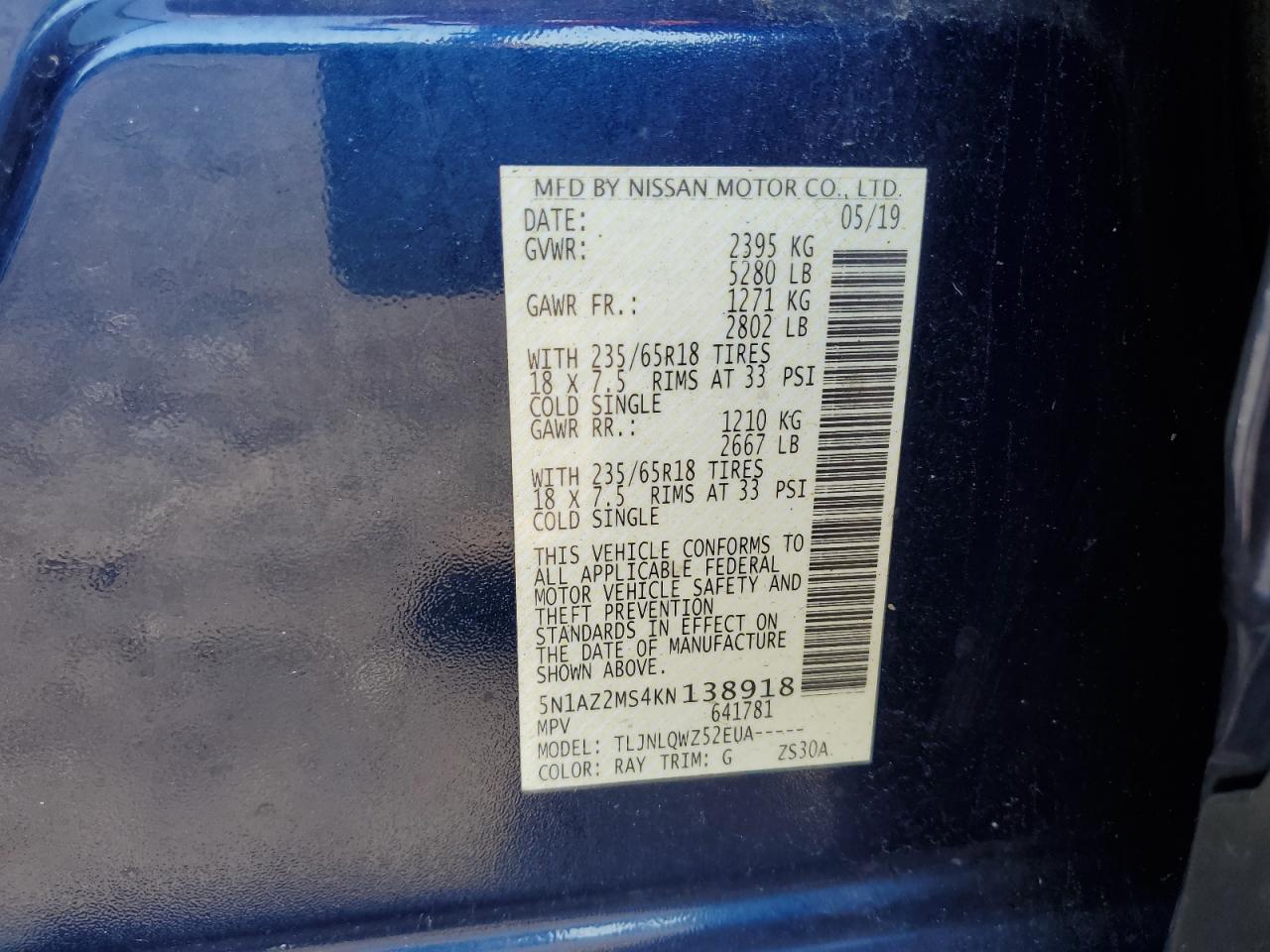 2019 Nissan Murano S VIN: 5N1AZ2MS4KN138918 Lot: 62226945