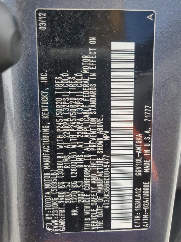 2012 Toyota Venza Le VIN: 4T3ZK3BB6CU049477 Lot: 62885245