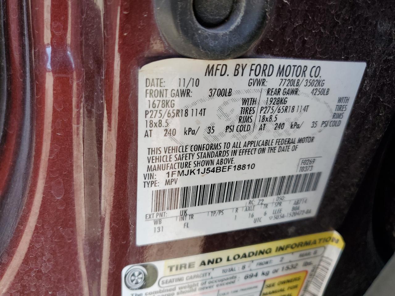 2011 Ford Expedition El Xlt VIN: 1FMJK1J54BEF18810 Lot: 61645545