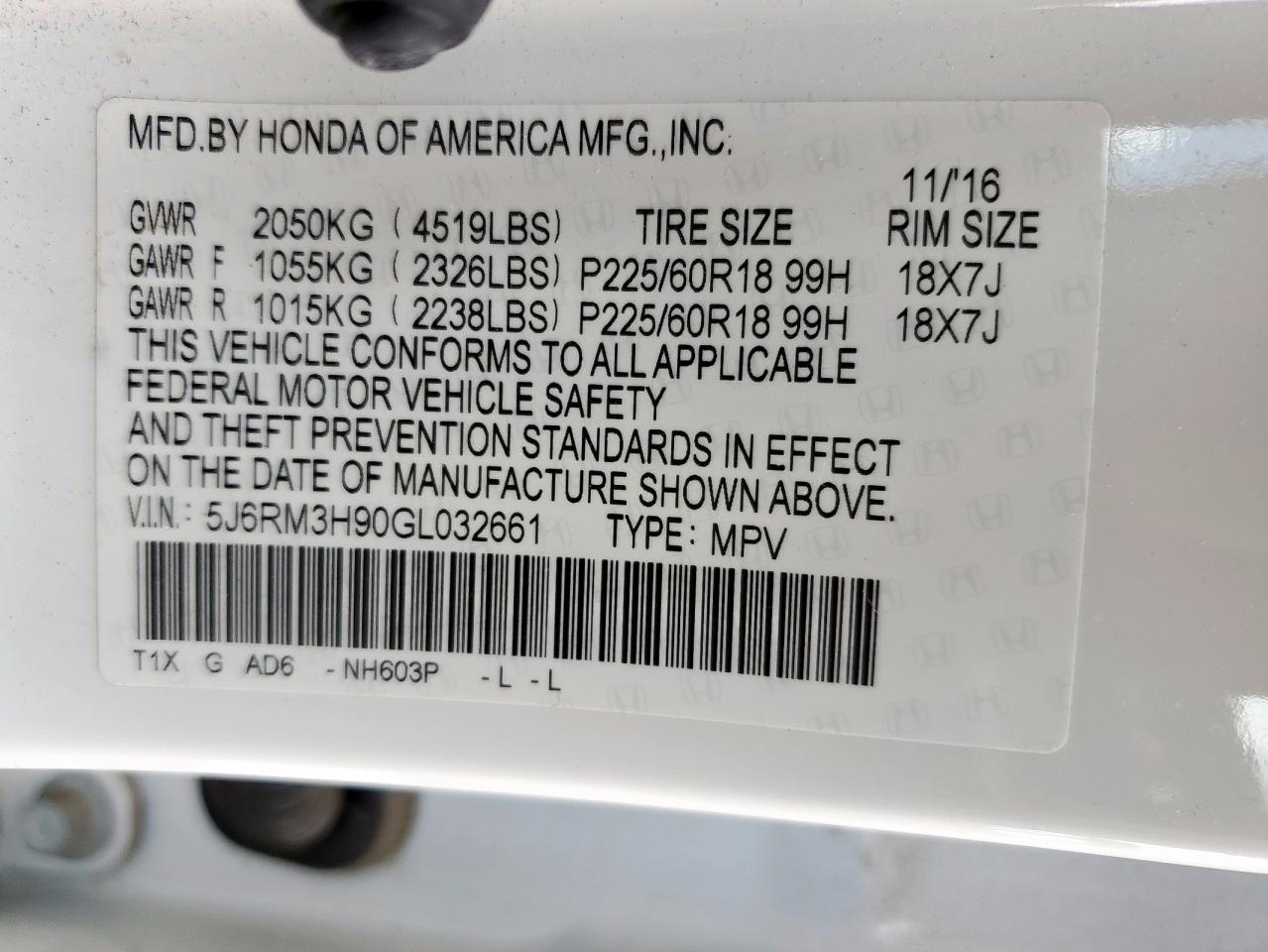 HONDA CRV 2016 VIN 5J6RM3H90GL032661 фото 13