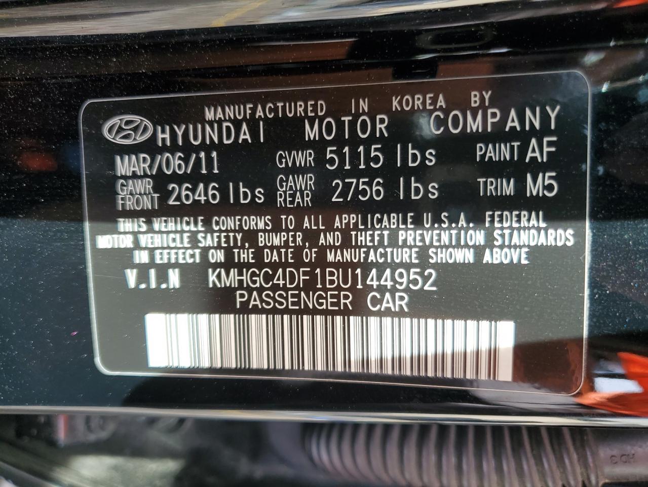2011 Hyundai Genesis 4.6L VIN: KMHGC4DF1BU144952 Lot: 60137965