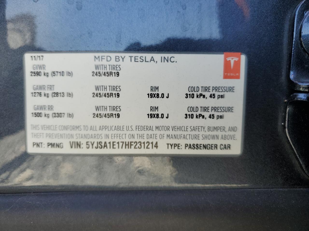 2017 Tesla Model S VIN: 5YJSA1E17HF231214 Lot: 61861385