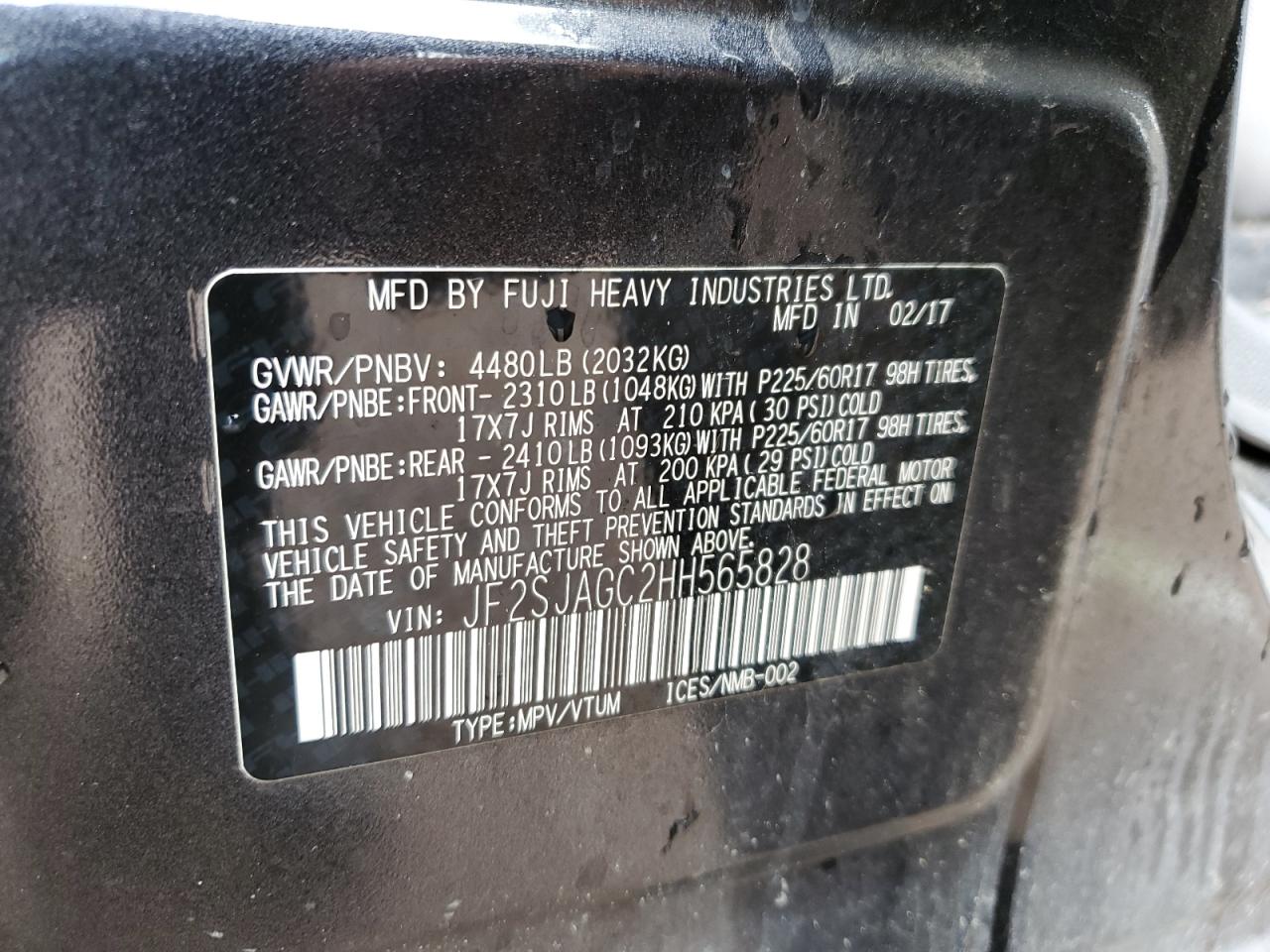 2017 Subaru Forester 2.5I Premium VIN: JF2SJAGC2HH565828 Lot: 62210485