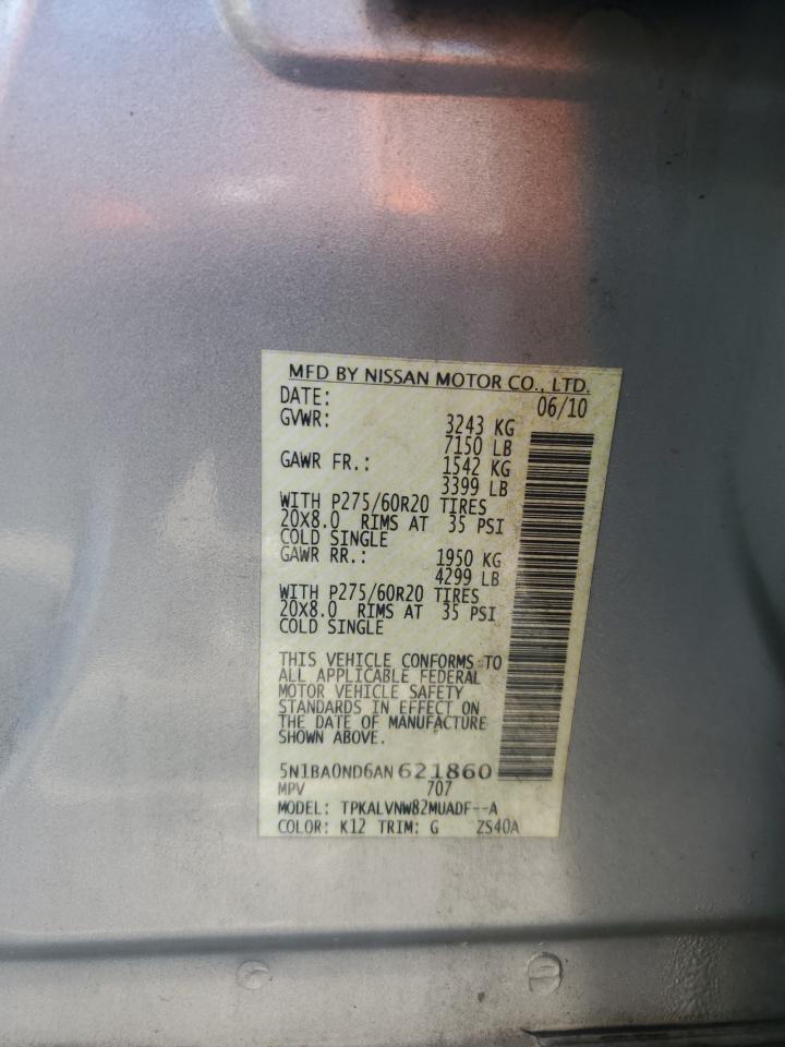 2010 Nissan Armada Se VIN: 5N1BA0ND6AN621860 Lot: 60536845