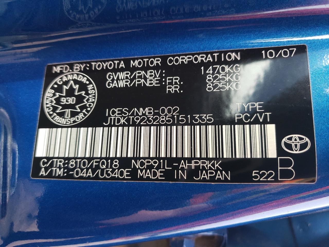 2008 Toyota Yaris VIN: JTDKT923285151335 Lot: 61918085