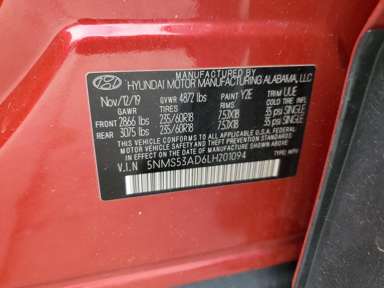 2020 Hyundai Santa Fe Limited VIN: 5NMS53AD6LH201094 Lot: 60871475
