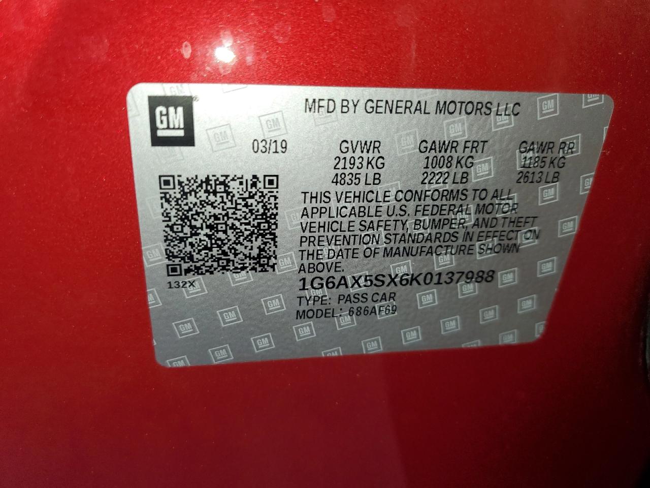2019 Cadillac Cts Luxury VIN: 1G6AX5SX6K0137988 Lot: 62392155