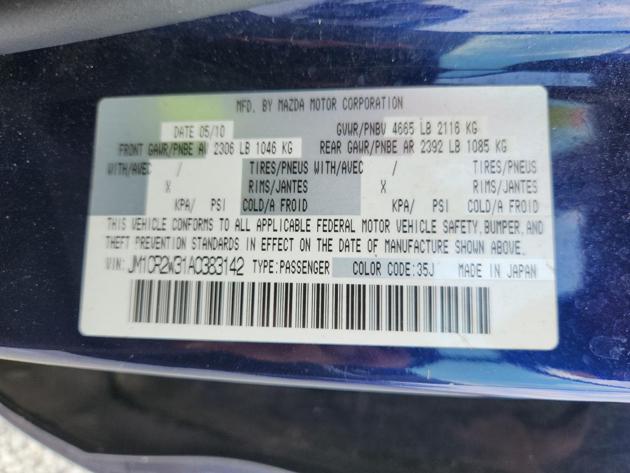 2010 Mazda 5 VIN: JM1CR2W31A0383142 Lot: 60788505