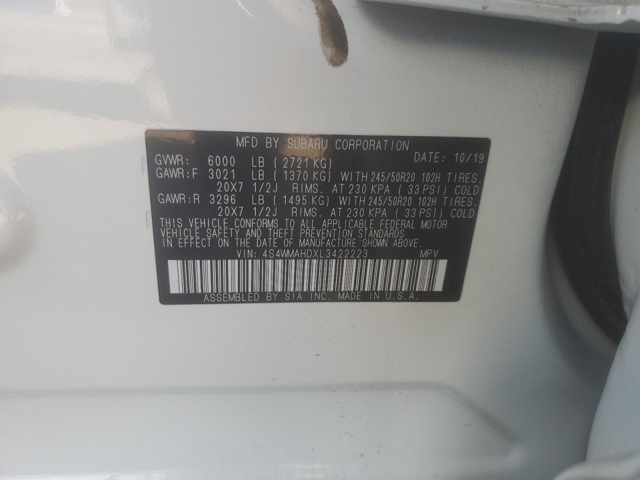 2020 Subaru Ascent Premium VIN: 4S4WMAHDXL3422223 Lot: 61626835