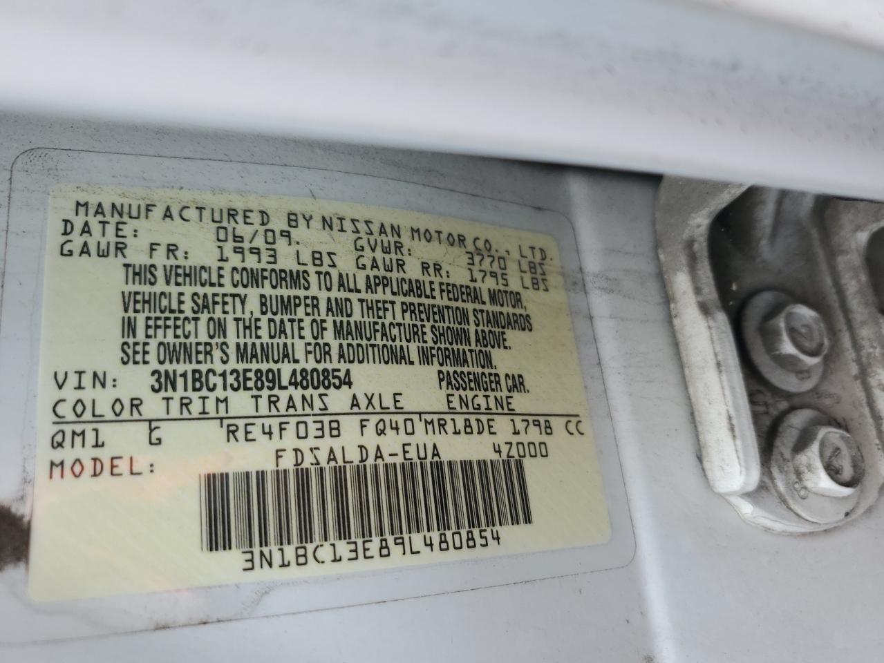 2009 Nissan Versa S VIN: 3N1BC13E89L480854 Lot: 61160245