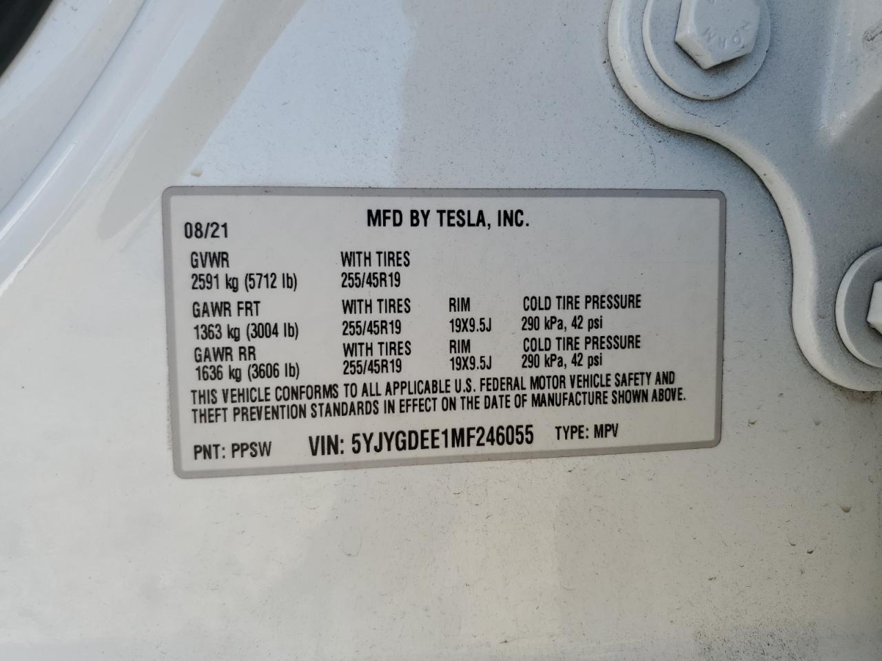 2021 Tesla Model Y VIN: 5YJYGDEE1MF246055 Lot: 61921325