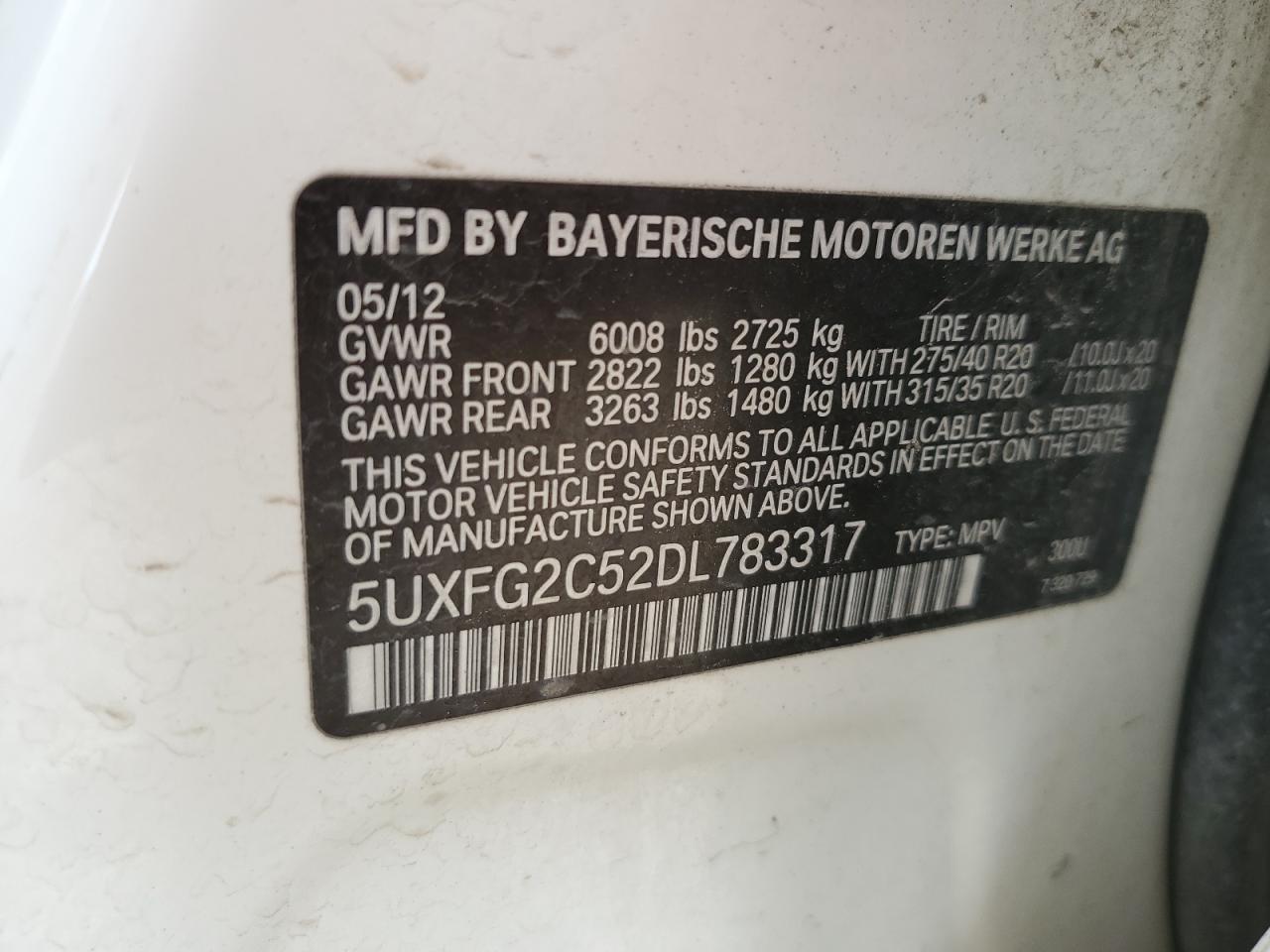 2013 BMW X6 xDrive35I VIN: 5UXFG2C52DL783317 Lot: 60334615