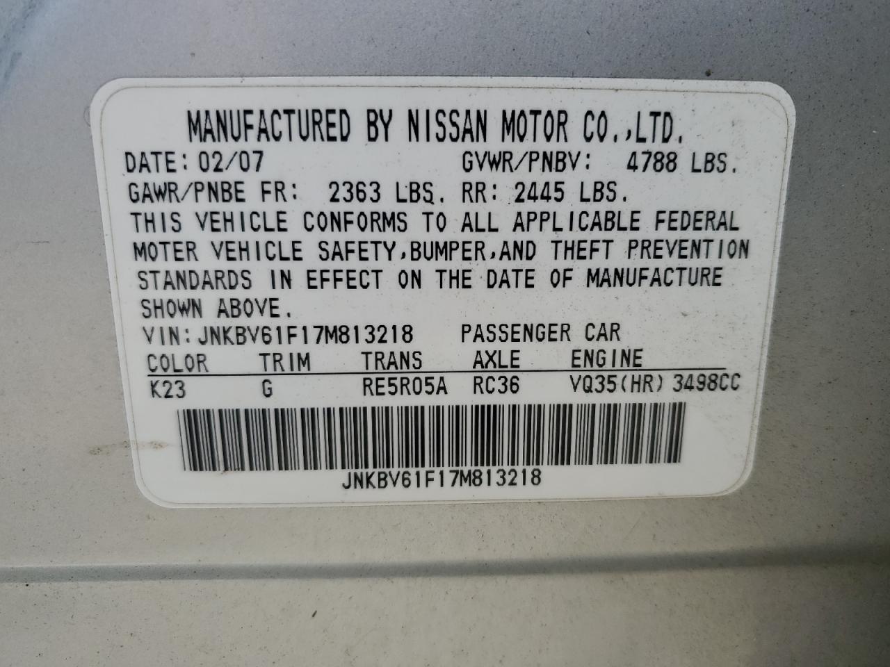 2007 Infiniti G35 VIN: JNKBV61F17M813218 Lot: 63121835
