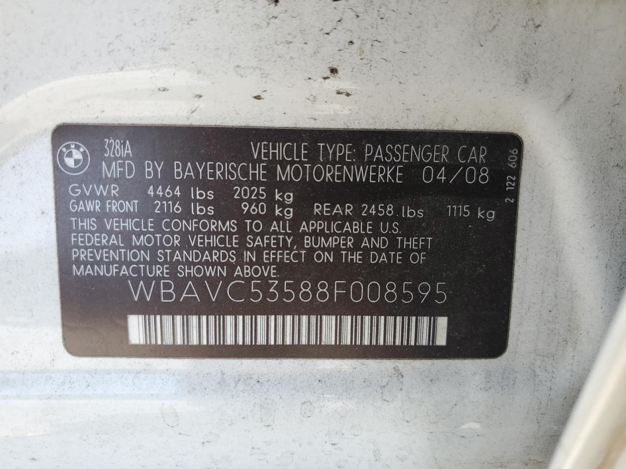 2008 BMW 328 I Sulev VIN: WBAVC53588F008595 Lot: 57994195