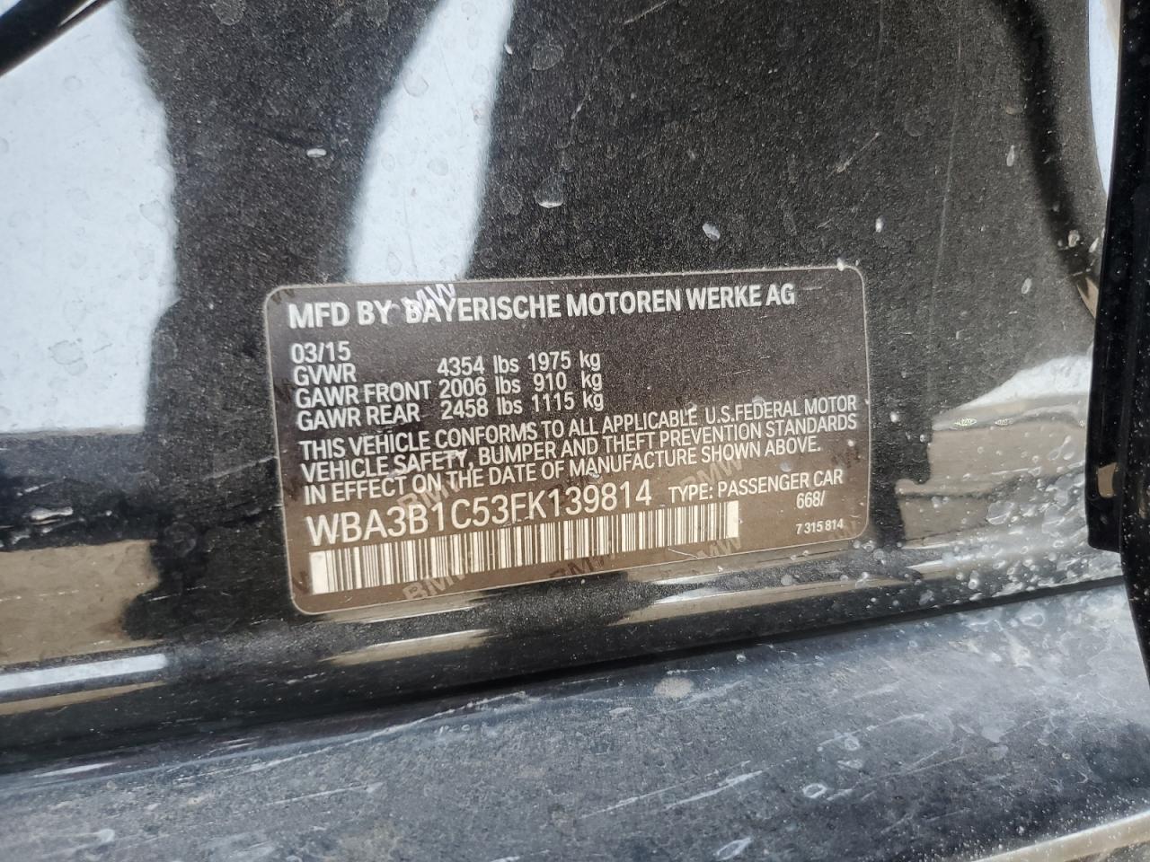 2015 BMW 320 I VIN: WBA3B1C53FK139814 Lot: 62793605