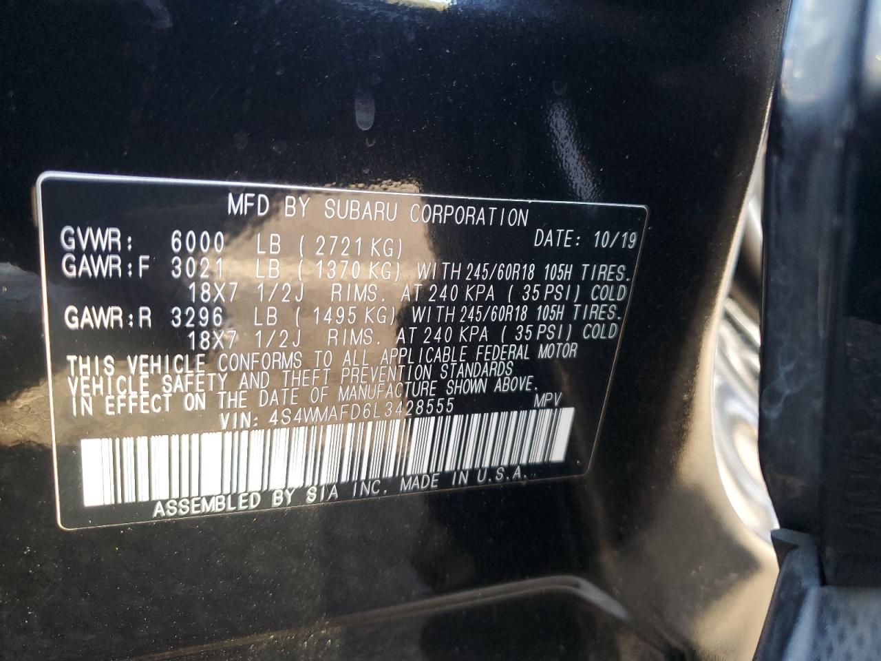 2020 Subaru Ascent Premium VIN: 4S4WMAFD6L3428555 Lot: 61203905
