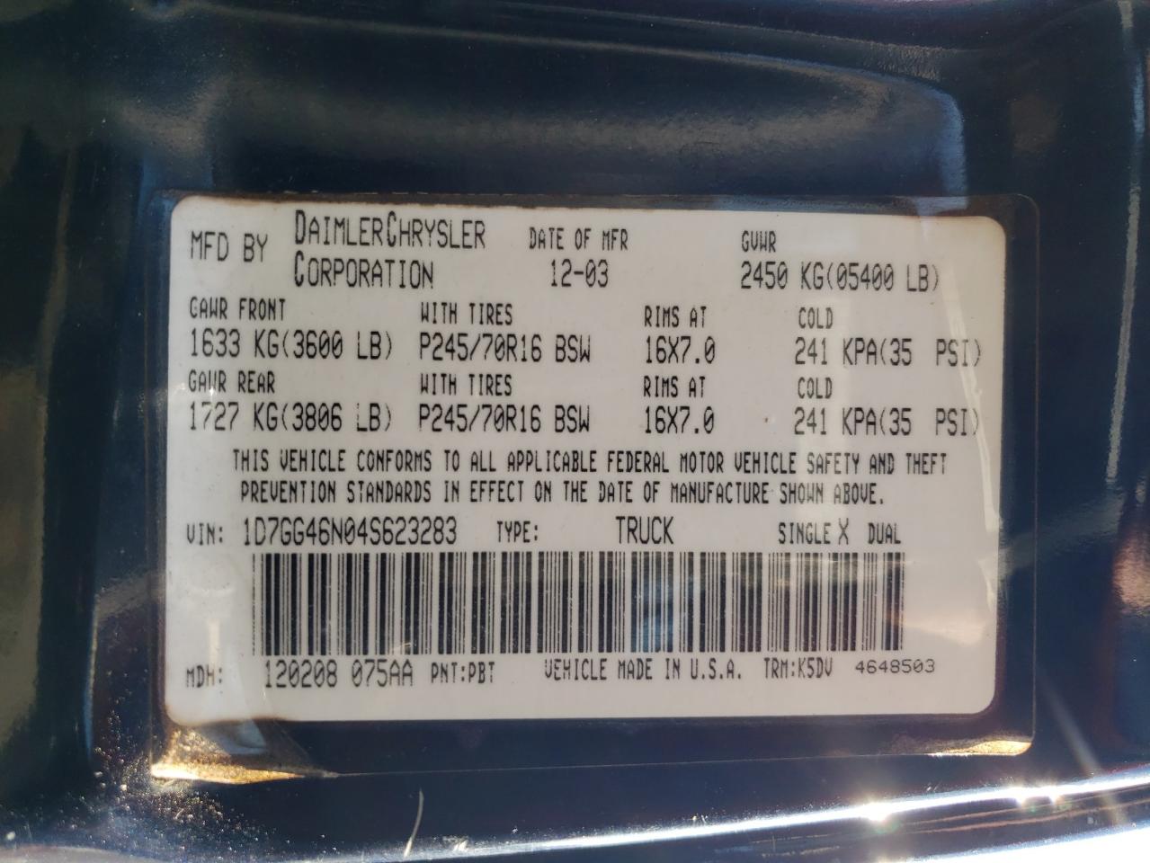 2004 Dodge Dakota Slt VIN: 1D7GG46N04S623283 Lot: 61156655