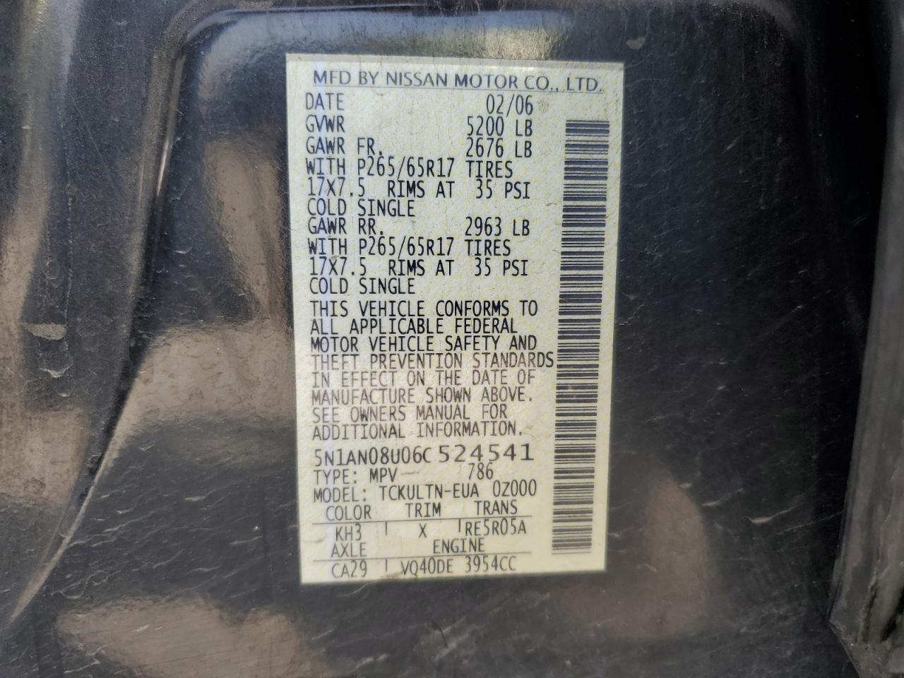 2006 Nissan Xterra Off Road VIN: 5N1AN08U06C524541 Lot: 60155805