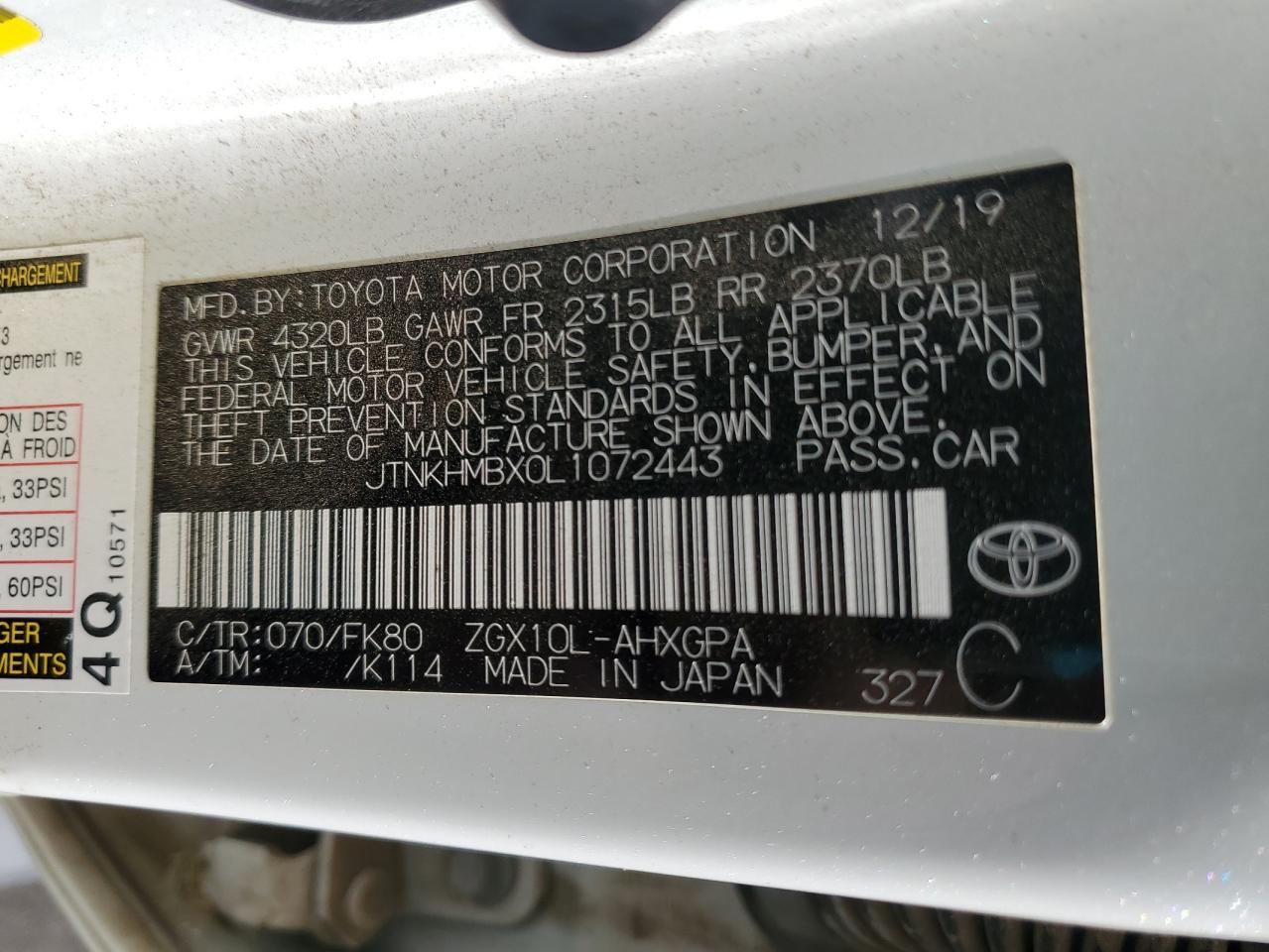 2020 Toyota C-Hr Xle VIN: JTNKHMBX0L1072443 Lot: 62936995