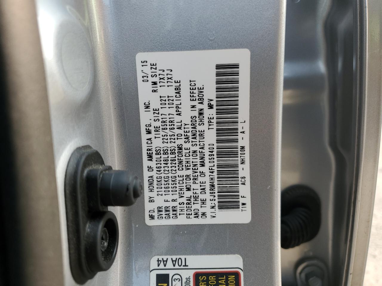 2015 Honda Cr-V Exl VIN: 5J6RM4H74FL059400 Lot: 59253675