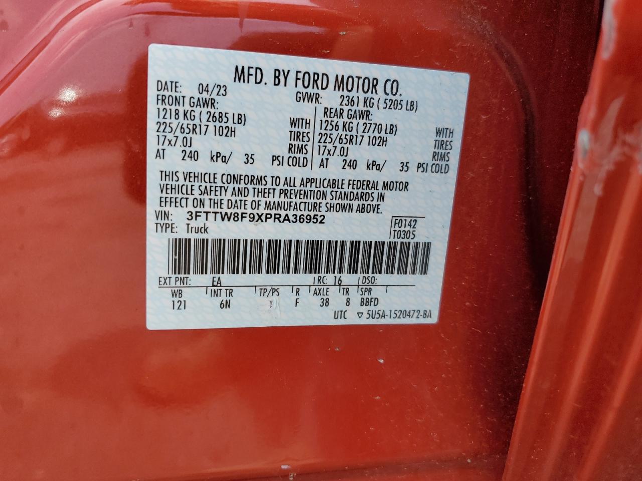 2023 Ford Maverick Xl VIN: 3FTTW8F9XPRA36952 Lot: 59951745