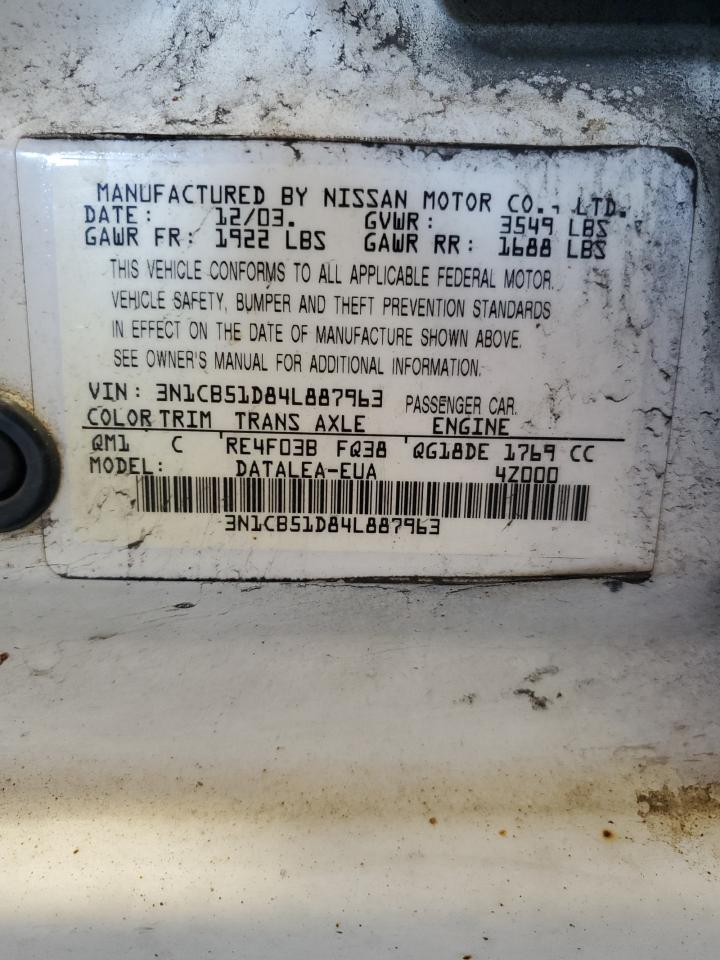 2004 Nissan Sentra 1.8 VIN: 3N1CB51D84L887963 Lot: 61835455