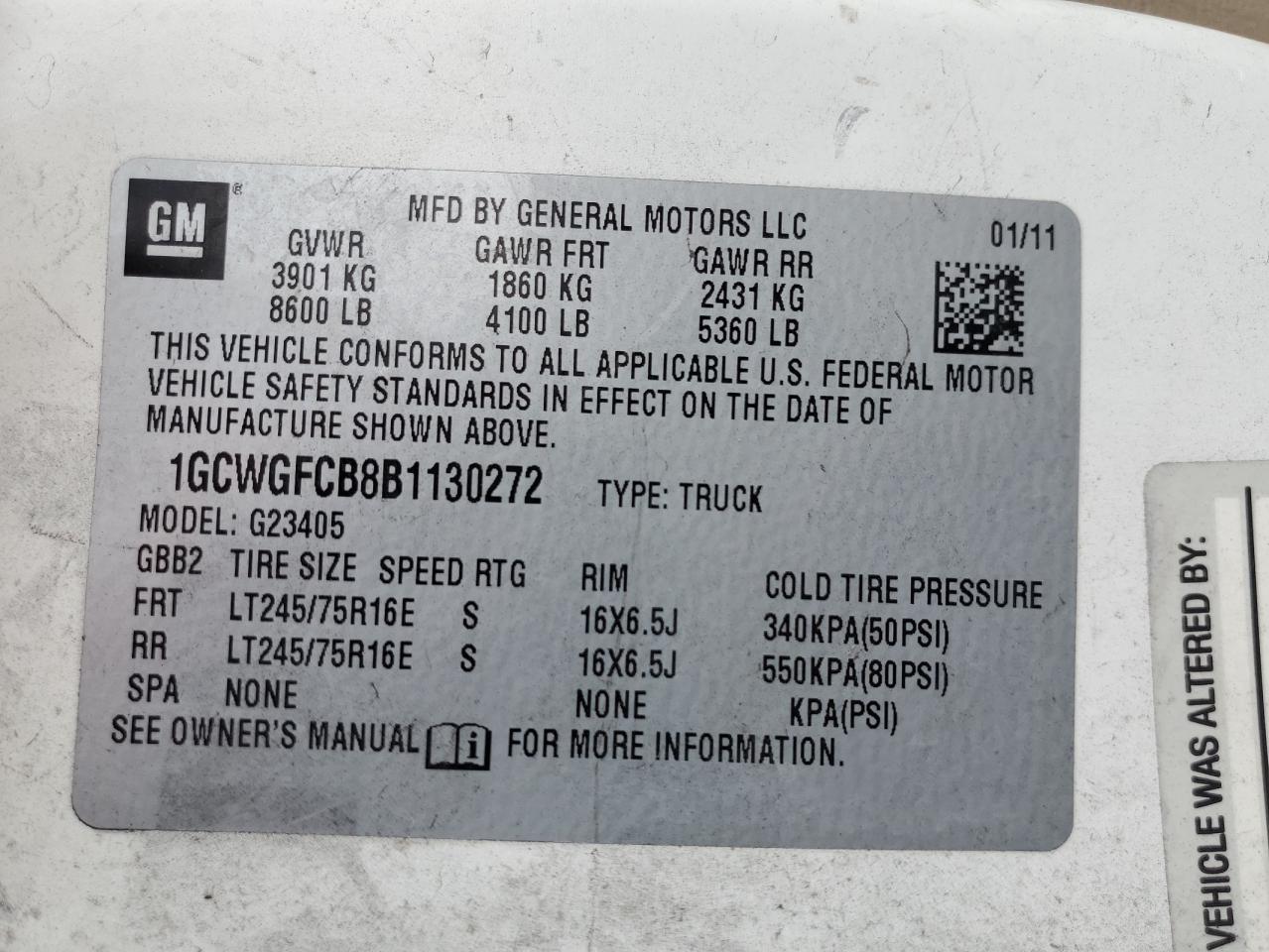 2011 Chevrolet Express G2500 VIN: 1GCWGFCB8B1130272 Lot: 59618325