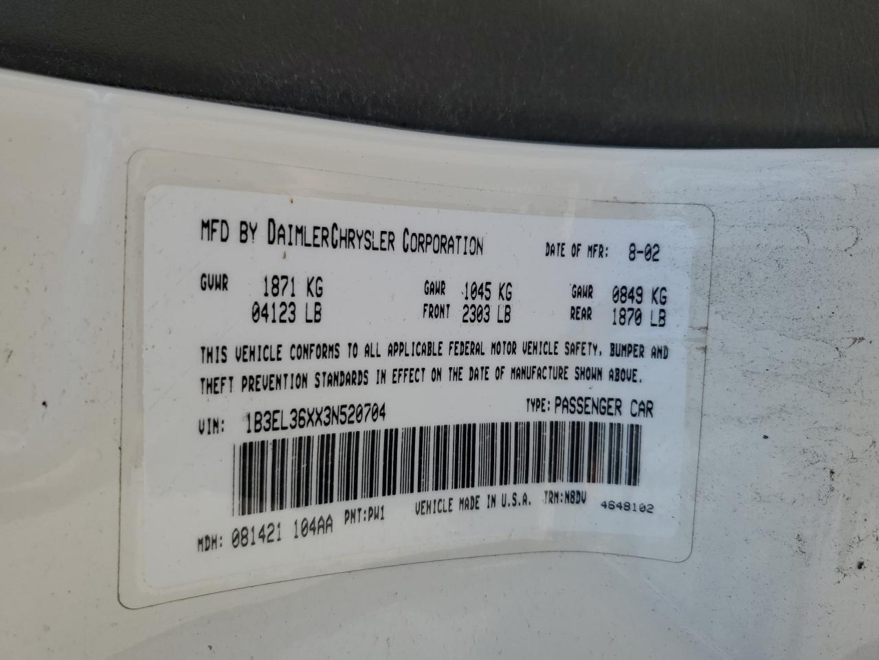 2003 Dodge Stratus Se VIN: 1B3EL36XX3N520704 Lot: 61857735