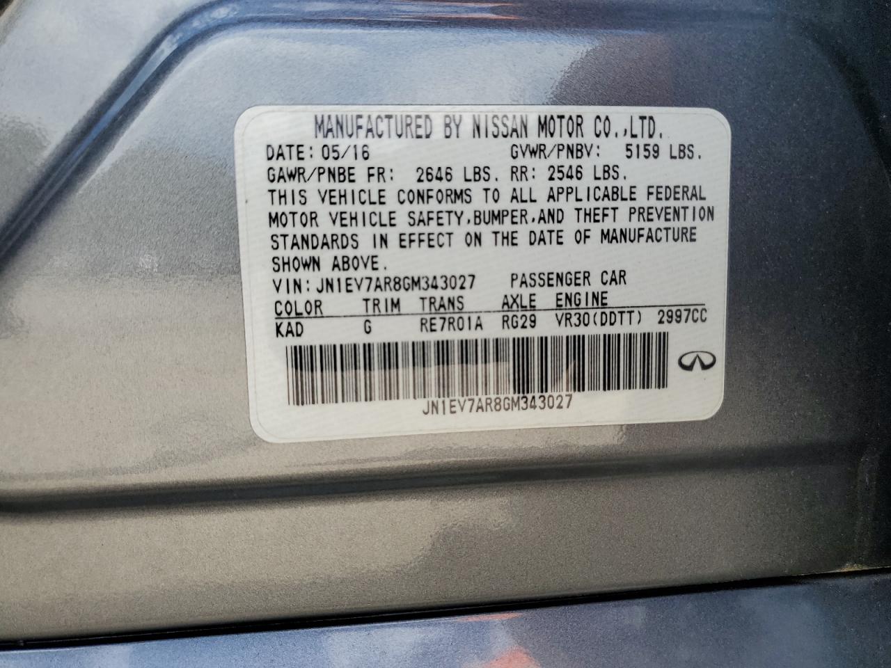 2016 Infiniti Q50 Premium VIN: JN1EV7AR8GM343027 Lot: 62337055