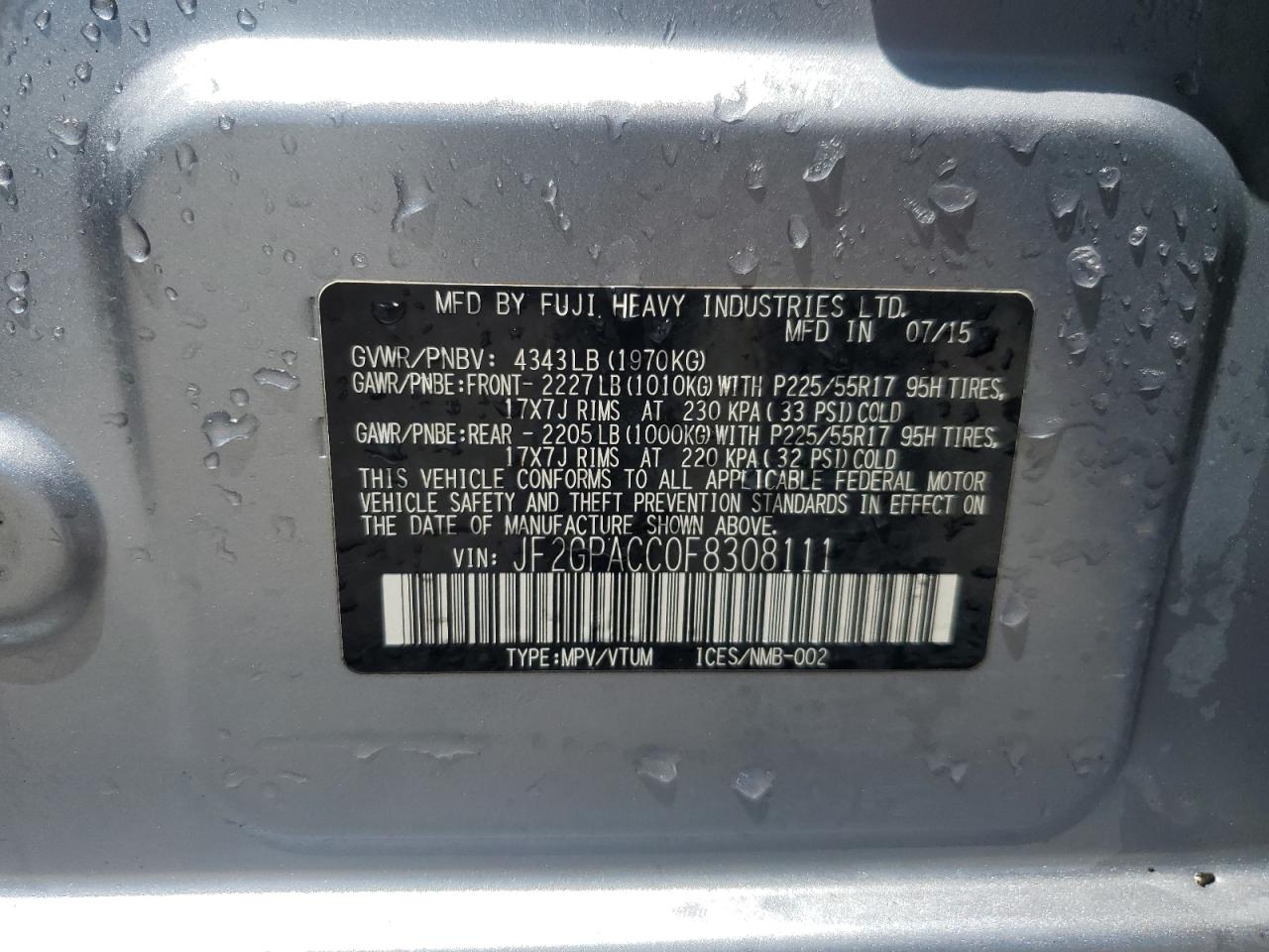 2015 Subaru Xv Crosstrek 2.0 Premium VIN: JF2GPACC0F8308111 Lot: 62707695