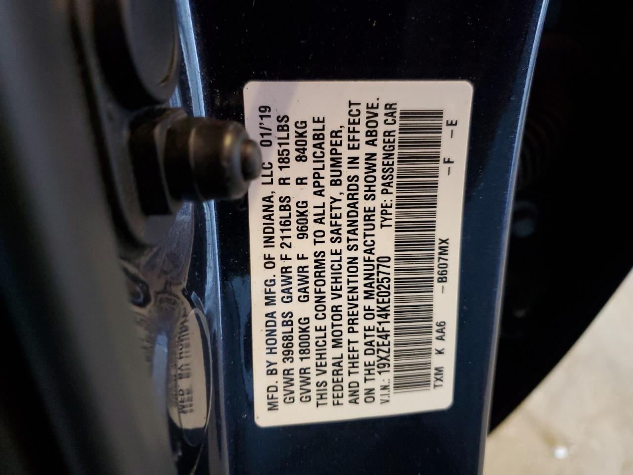 2019 Honda Insight Lx VIN: 19XZE4F14KE025770 Lot: 61964045