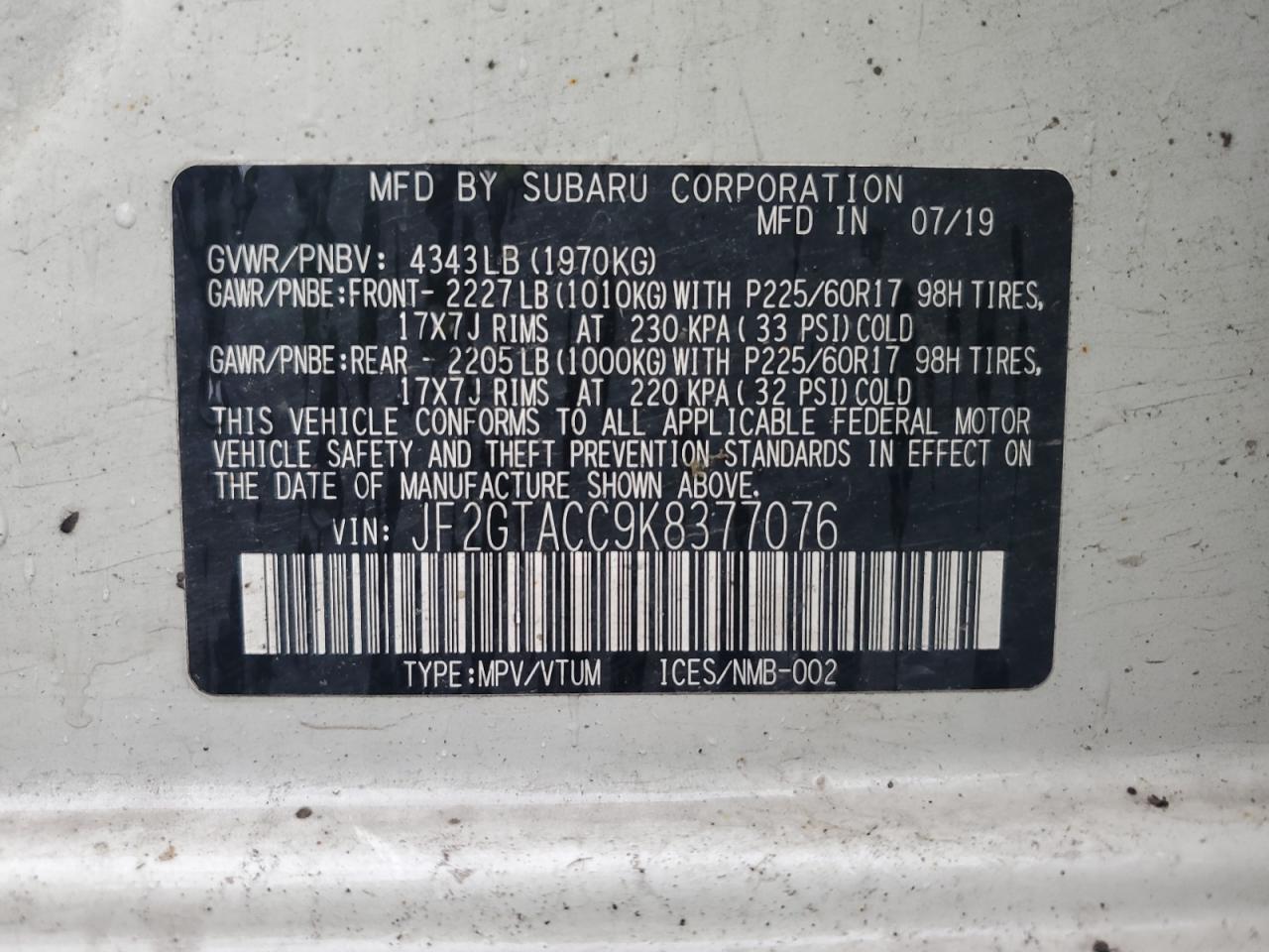 2019 Subaru Crosstrek Premium VIN: JF2GTACC9K8377076 Lot: 62136995