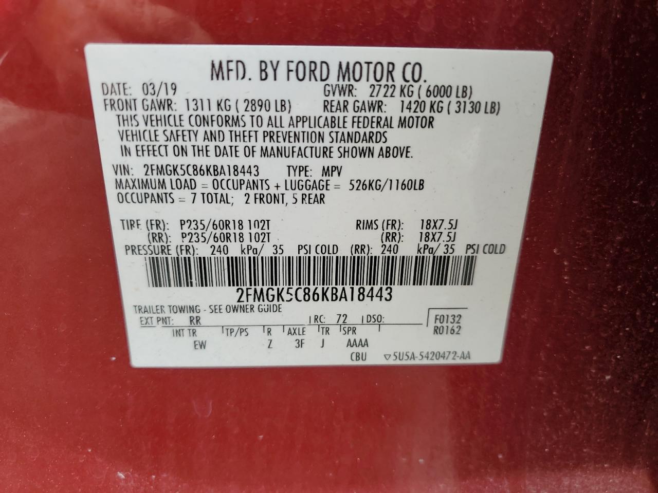 2019 Ford Flex Sel VIN: 2FMGK5C86KBA18443 Lot: 62605245